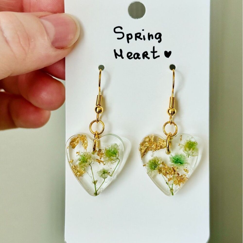 Green Floral Heart Earrings with Real Flowers and Gold Flakes, Resin Dangles